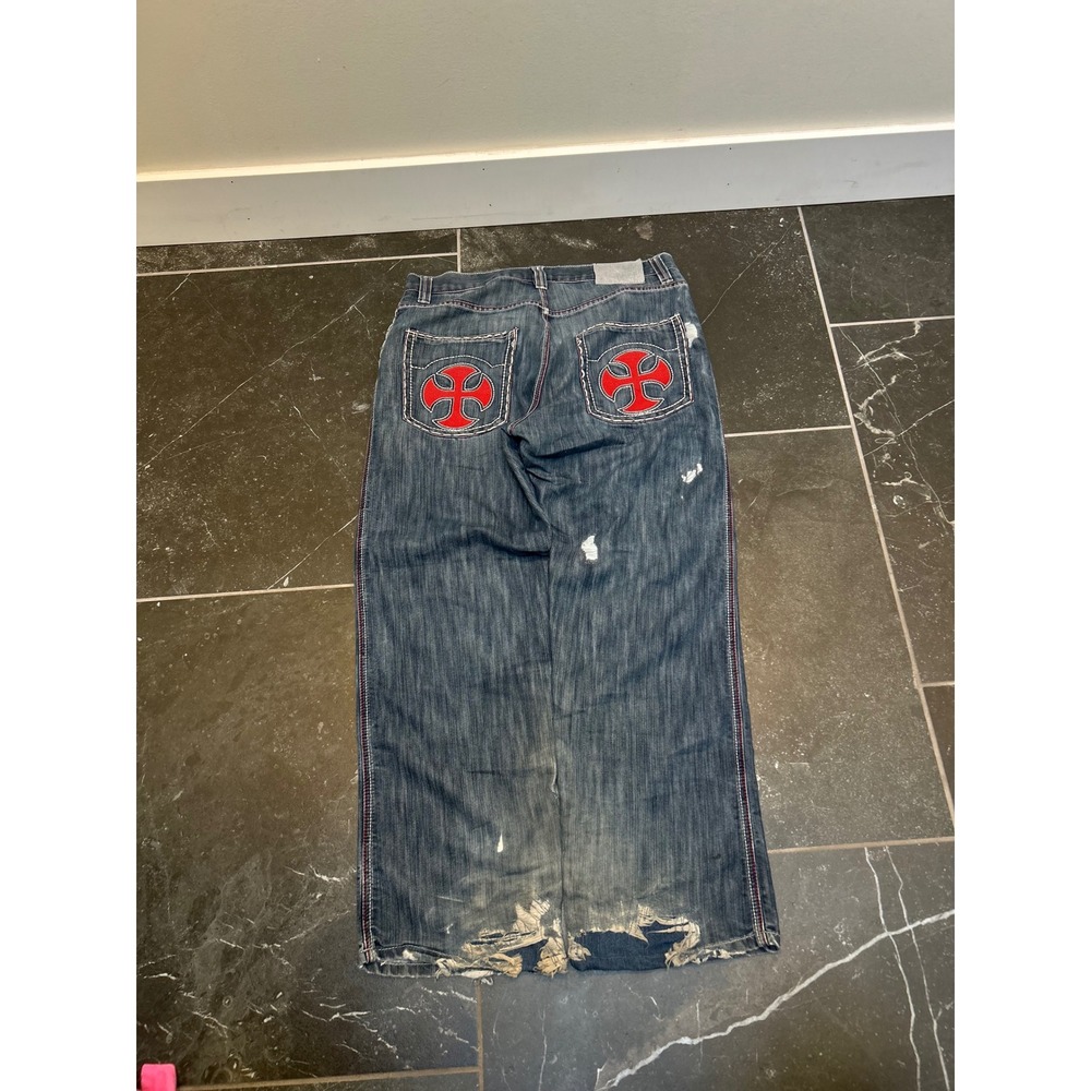 Mens Y2K Baggy Jeans Red Cross Embroidery Distressed Wide Leg Denim Blue 36x32